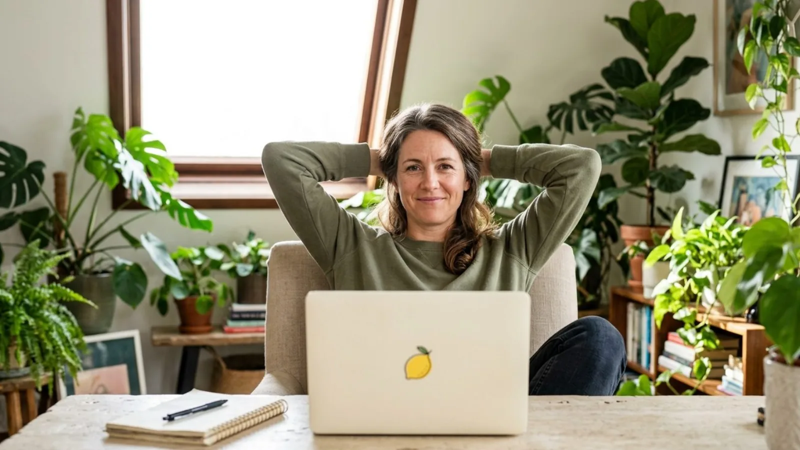 Een vrouw zit ontspannen achter haar laptop in een lichte kamer vol planten.
