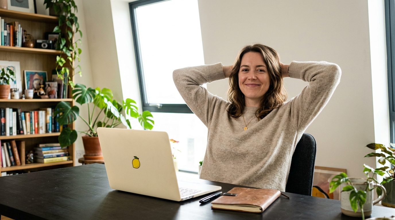 Een vrouw leunt achterover aan haar bureau, handen achter het hoofd — haar notities zijn overgezet.
