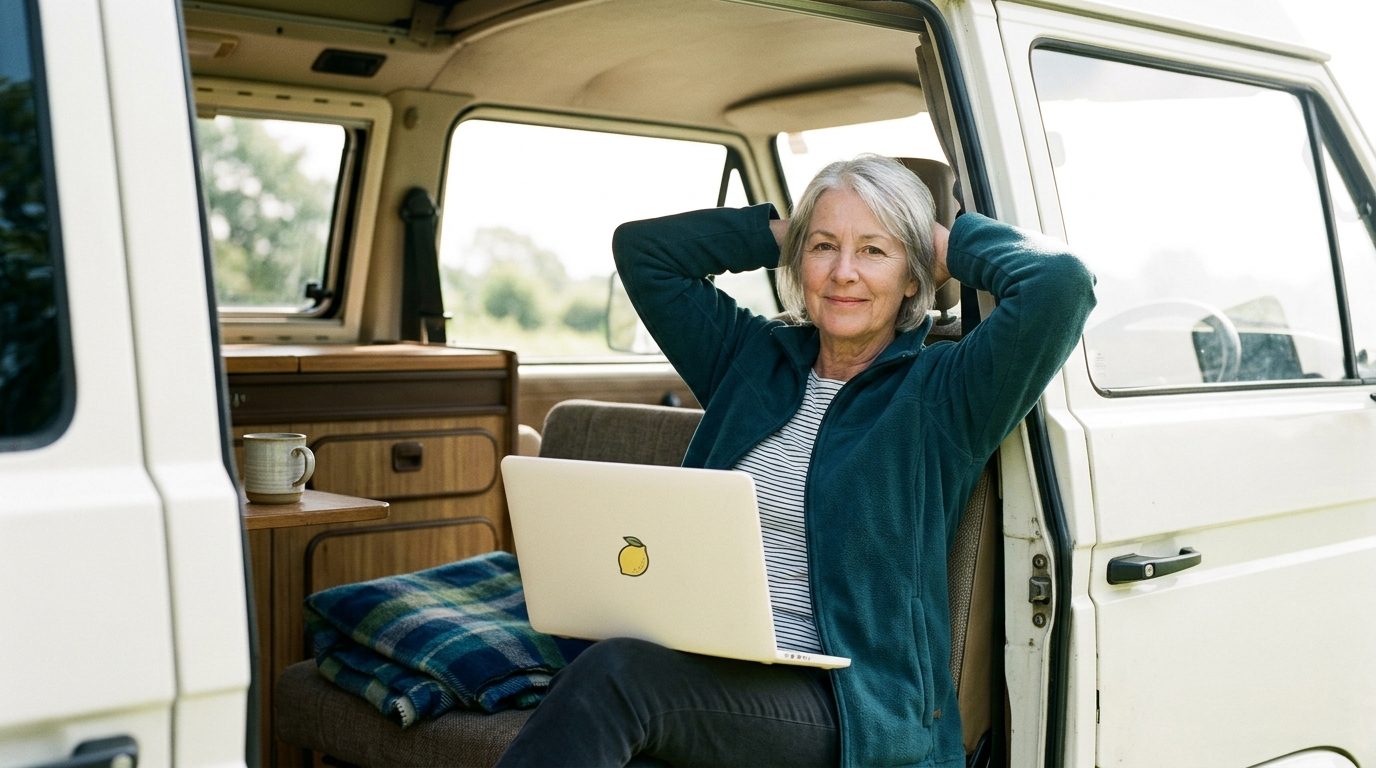 Een vrouw zit in de open schuifdeur van haar camper met de laptop op schoot, handen achter het hoofd, tevreden.