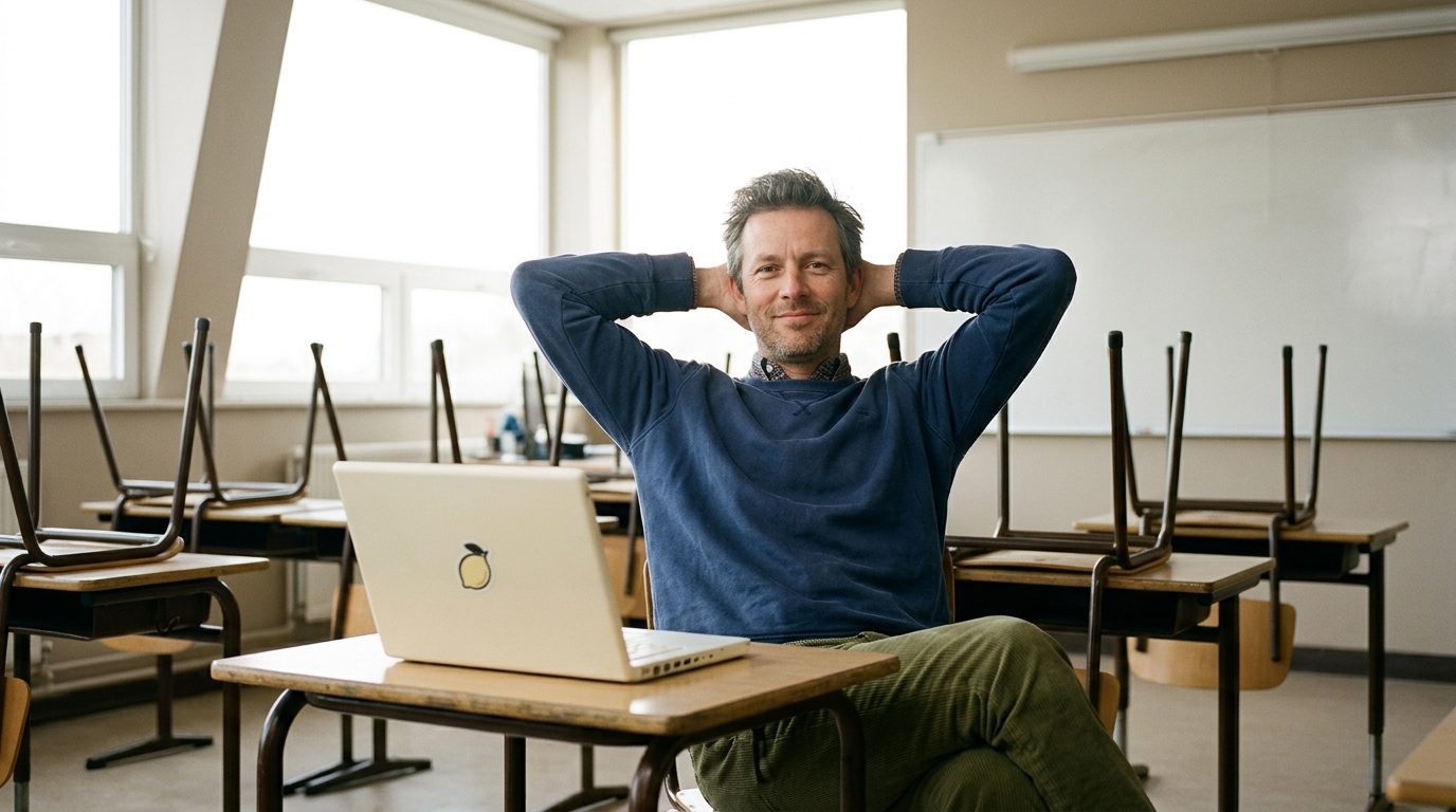 Een docent leunt achterover aan een tafeltje in zijn lege klaslokaal, handen achter het hoofd — de lessen staan klaar.