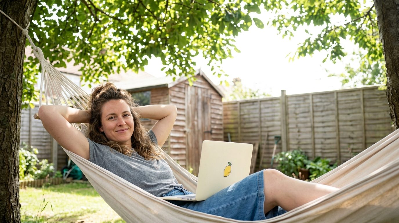 Een vrouw ligt in een hangmat in haar tuin met de laptop op schoot, handen achter het hoofd, tevreden.