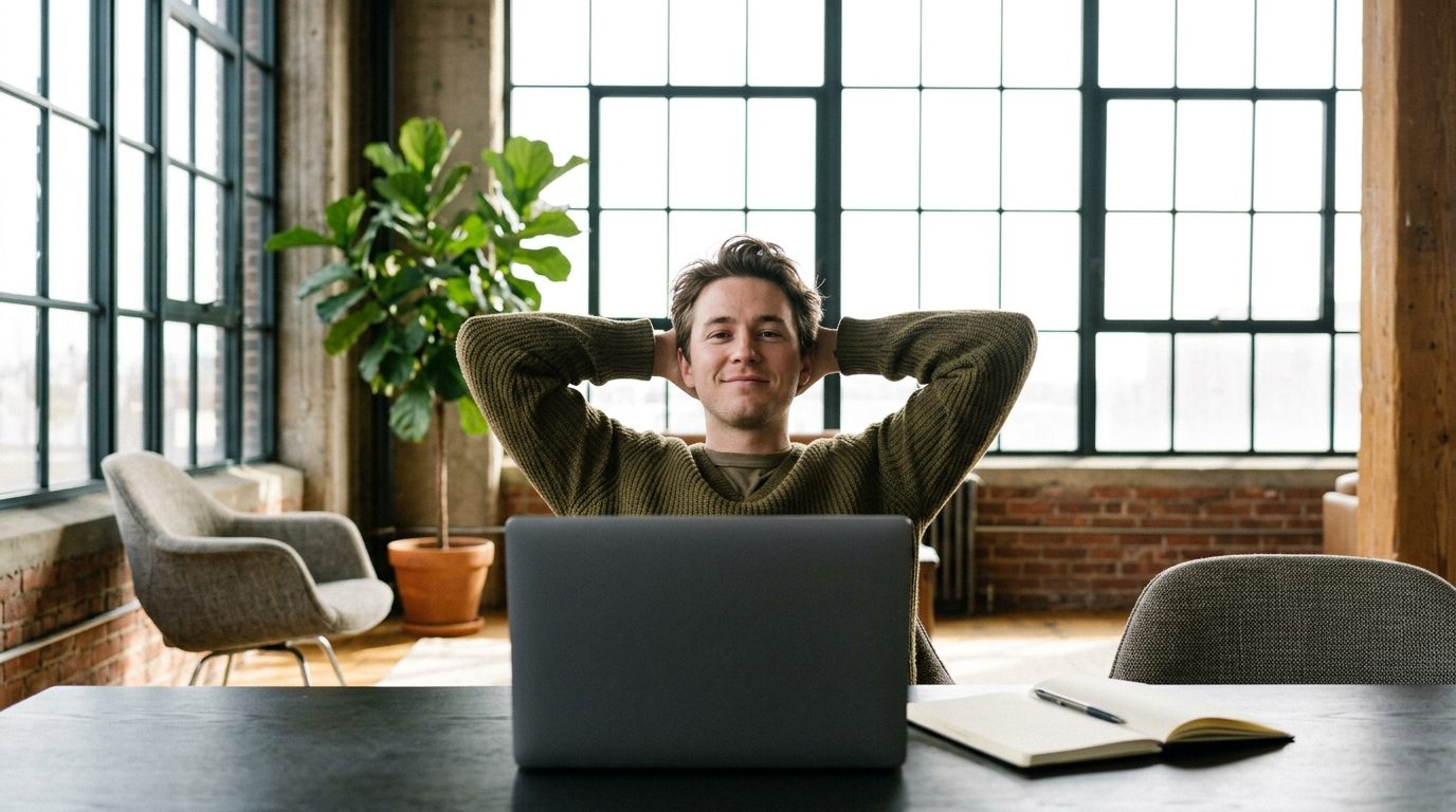 Iemand leunt achterover aan een tafel, handen achter het hoofd, met een opengeklapte laptop voor zich.
