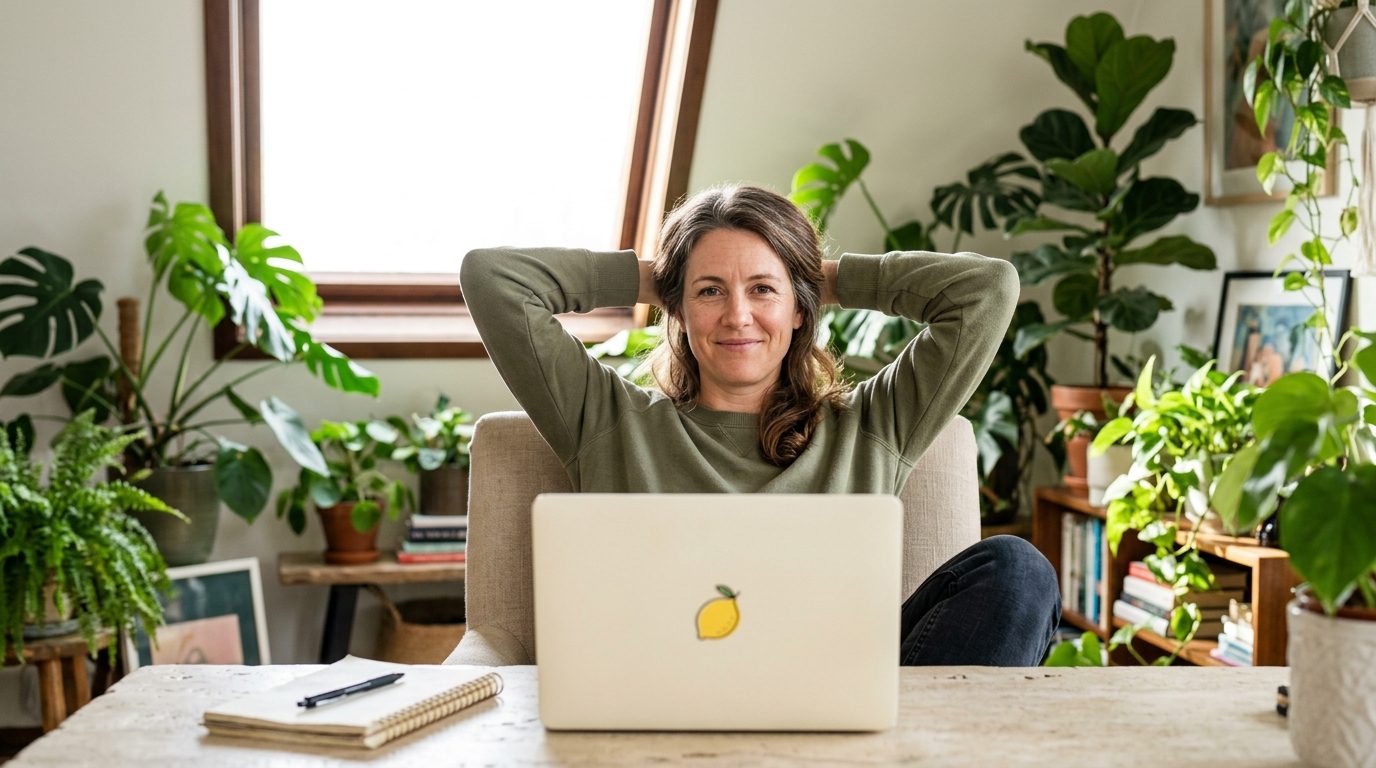 Een vrouw leunt achterover aan haar tafel, handen achter het hoofd, tevreden — voor haar staat een opengeklapte laptop, om haar heen veel planten.