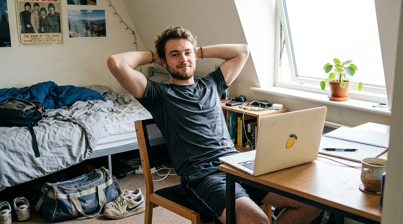 Een student leunt achterover in zijn bureaustoel op zijn kamer, handen achter het hoofd, tevreden.